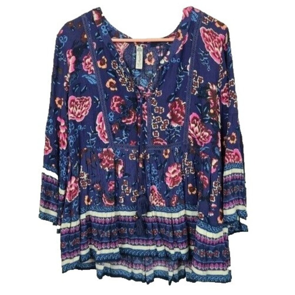 American Rag Cie Womens BOHO Peasant Top Blue Floral Bell Sleeve Tassel Tie